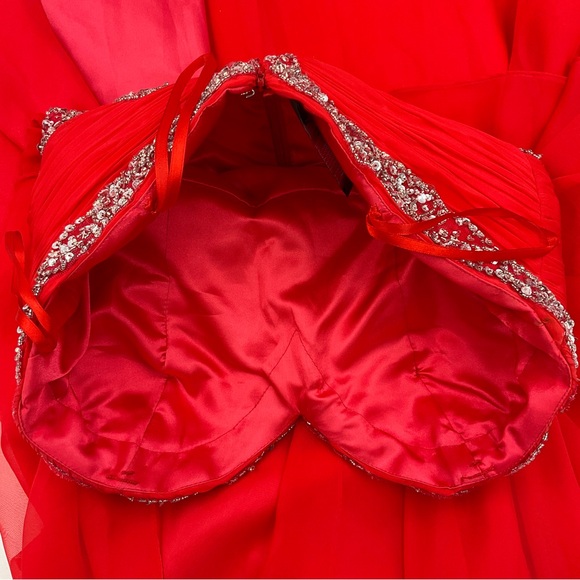 Mac Duggal Strapless Red Gown with Silver Detailing - Picture 5 of 16